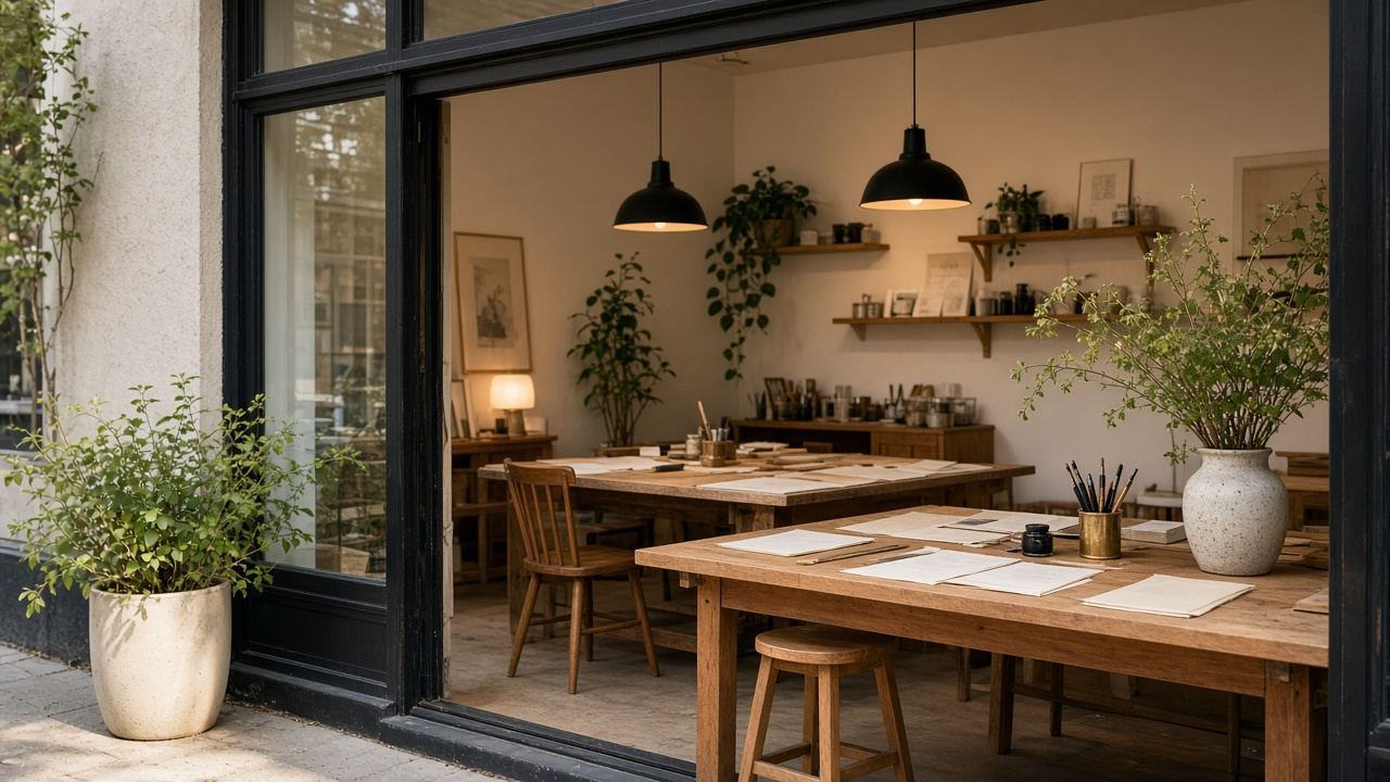 Calligraphy / lettering studio workspace at Crispstar Studio